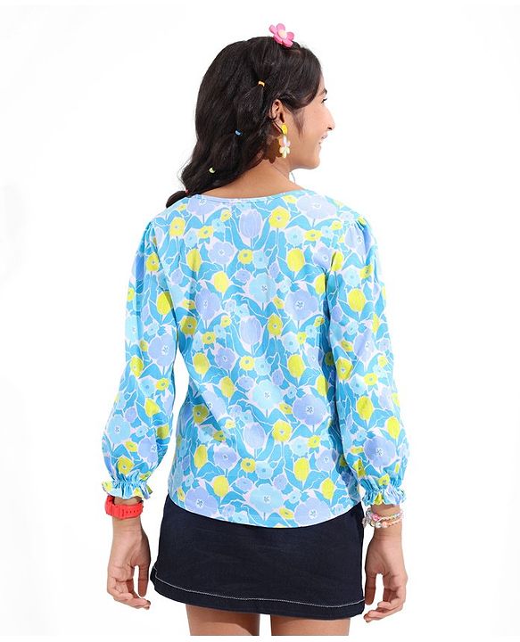 Pine Kids 100% Cotton Full Flawn Sleeves Floral Printed Top - Blue Green & Purple