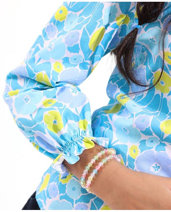 Pine Kids 100% Cotton Full Flawn Sleeves Floral Printed Top - Blue Green & Purple