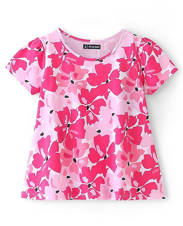 Pine Kids 100% Cotton Knit Half Sleeves Floral Printed Top - Snow White