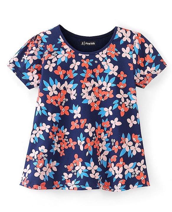 Pine Kids Puff Sleeves A-line All Over Floral Printed Top - Navy Peony