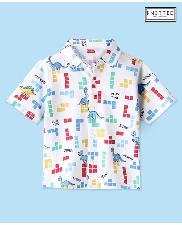 Babyhug Cotton Knitted Half Sleeves  Regular Collar Shirt Dino Printed  - White