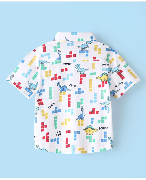 Babyhug Cotton Knitted Half Sleeves  Regular Collar Shirt Dino Printed  - White