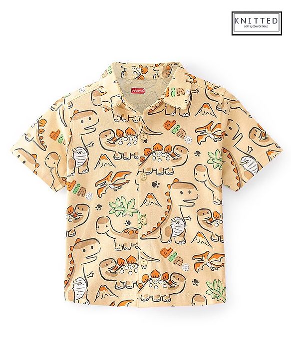 Babyhug Cotton Knit Half Sleeve Dino Printed Shirt - Beige