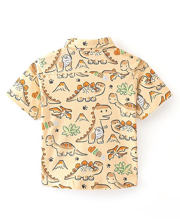 Babyhug Cotton Knit Half Sleeve Dino Printed Shirt - Beige