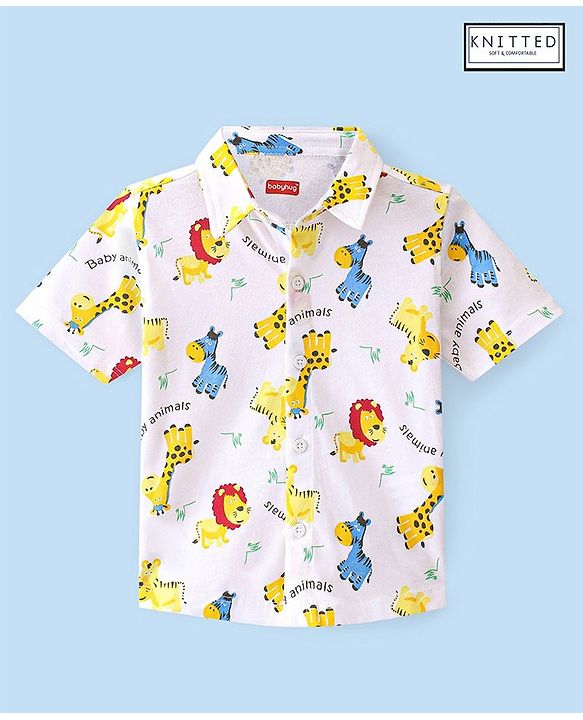 Babyhug 100% Cotton Knit Half Sleeve Shirt With Animal Print - White
