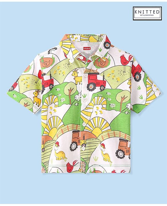 Babyhug Cotton Knitted Half Sleeves  Regular Collar Shirt Dino Printed  - White & Green