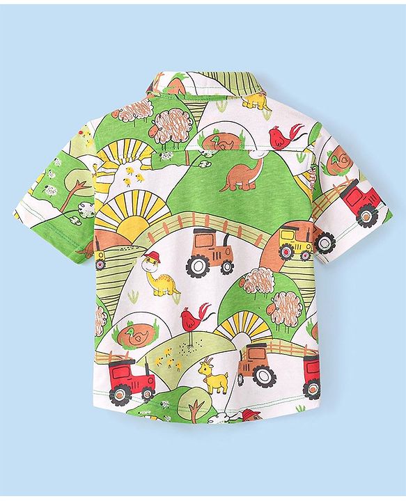 Babyhug Cotton Knitted Half Sleeves  Regular Collar Shirt Dino Printed  - White & Green