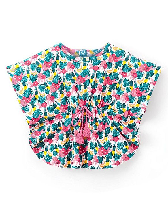 Babyhug Half Sleeves Kaftan-Style Top with Floral Print & Tassel Detailing - White & Blue