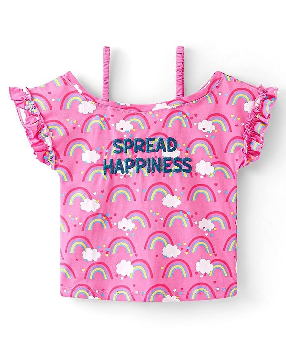 Babyhug Cotton Knit Cold Shoulder Sleeves Top with Frill Detailing  & Rainbow Print - Pink