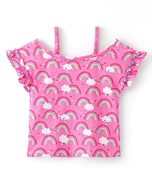 Babyhug Cotton Knit Cold Shoulder Sleeves Top with Frill Detailing  & Rainbow Print - Pink