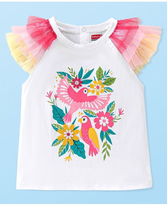 Babyhug Cotton Knit Half Sleeves Top with Floral Graphics & Frill Detailing - White