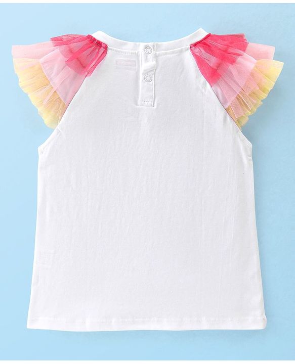 Babyhug Cotton Knit Half Sleeves Top with Floral Graphics & Frill Detailing - White