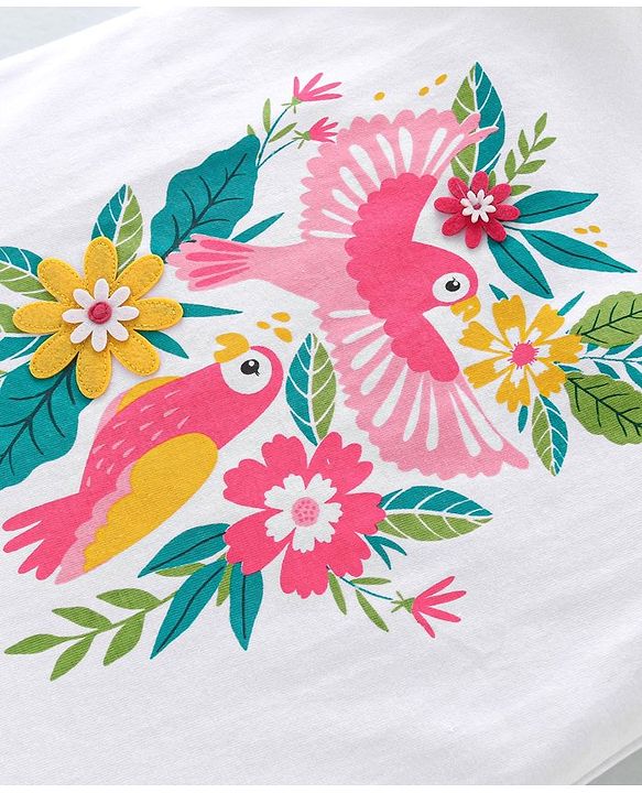 Babyhug Cotton Knit Half Sleeves Top with Floral Graphics & Frill Detailing - White