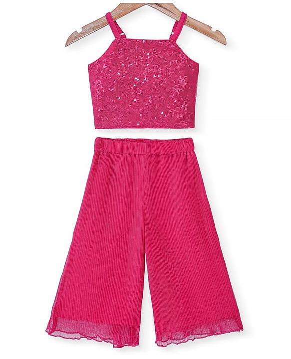 Babyhug Sleeveless Sequinned Top and Pleated Mesh Palazzo - Hot Pink