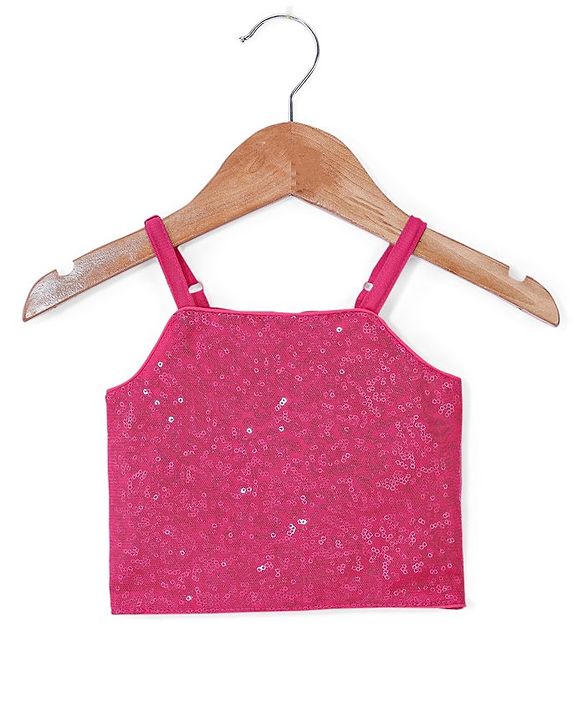 Babyhug Sleeveless Sequinned Top and Pleated Mesh Palazzo - Hot Pink