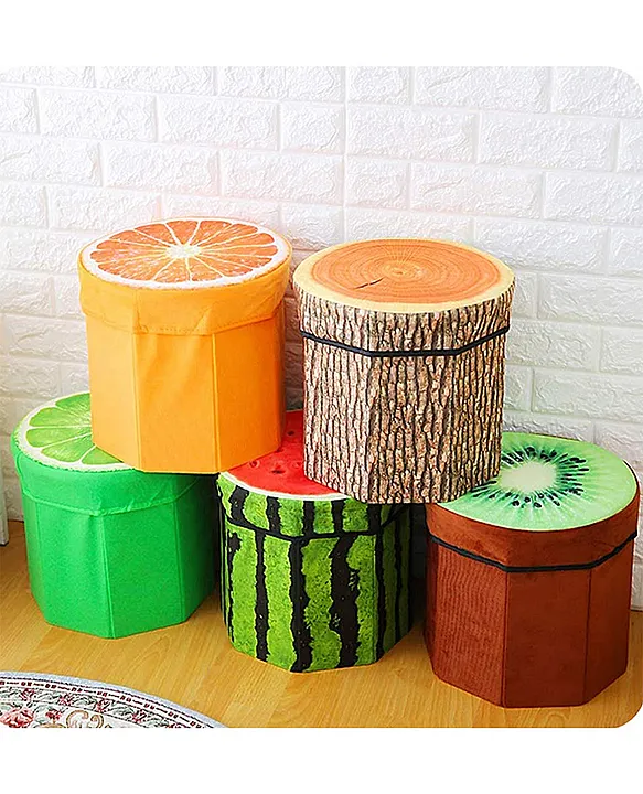 YAMAMA Fruit Folding Footstool Seat Storage Box Round Storage Chest Padded  Box For Kids And Adults Design May Vary Multicolor