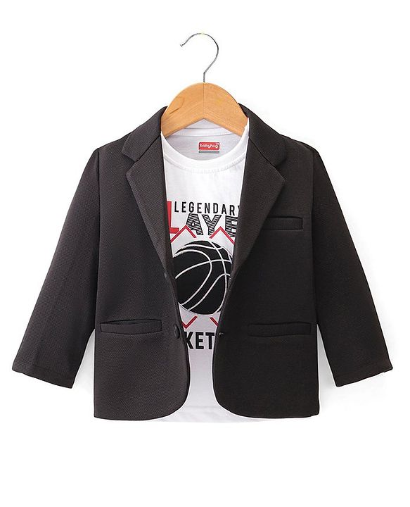 Babyhug Full Sleeves Solid Colour Party Wear Blazer with Graphic Printed T-Shirt - Black