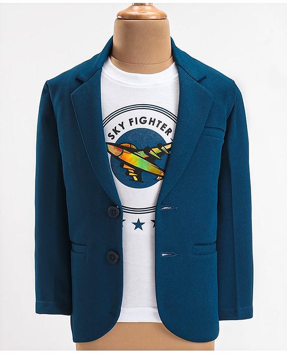 Babyhug Woven Full Sleeves Party Blazer With T-Shirt Aircraft Graphics - Blue & White