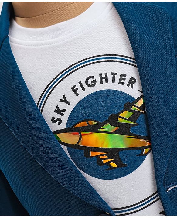 Babyhug Woven Full Sleeves Party Blazer With T-Shirt Aircraft Graphics - Blue & White