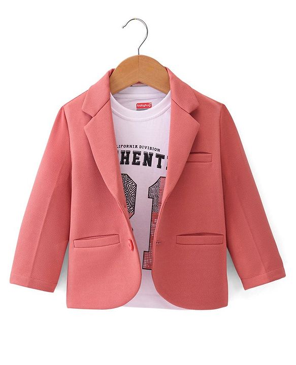 Babyhug Full Sleeves Solid Colour Party Wear Blazer with Graphic Printed T-Shirt - Peach