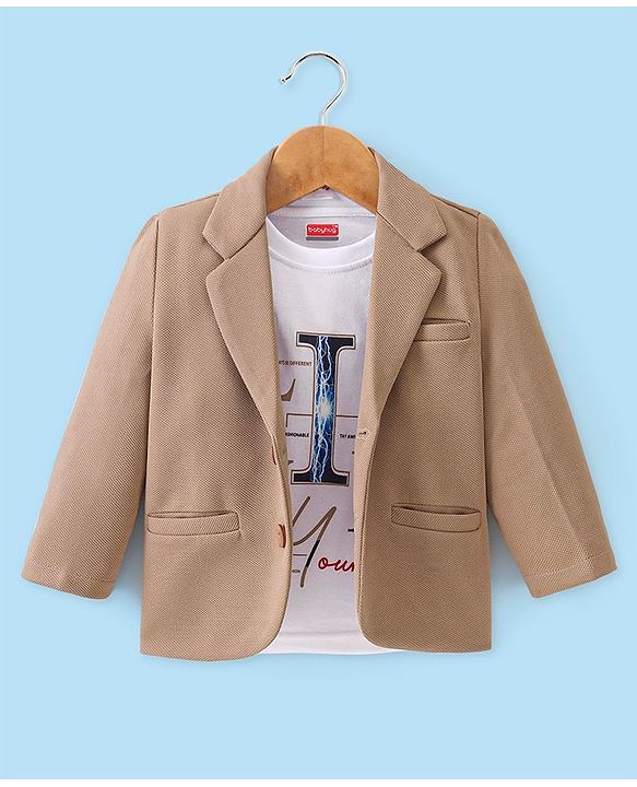 Babyhug Full Sleeves Party Wear Blazer with Graphic Printed T-Shirt - Beige