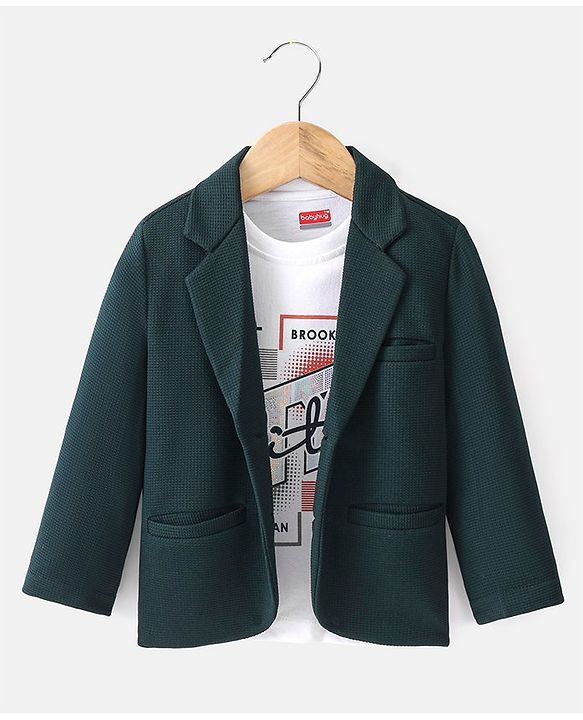 Babyhug Full Sleeves Party Wear Blazer with Graphic Printed T-Shirt - Green