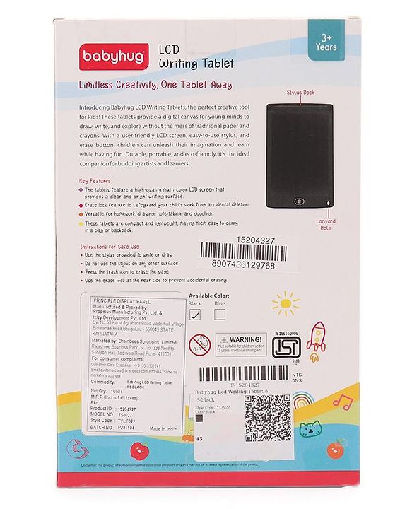 Babyhug LCD Writing Tablet - Black | High-Quality Multicolor LCD Screen | Doodling & Early Learning | Promotes Eye-Hand Coordination, Motor And Emotional Growth | BIS Certified