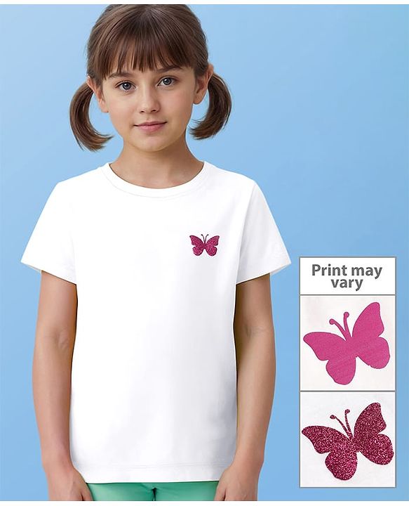 Pine Kids 100% Cotton Half Sleeves Round Neck T-Shirt Butterfly Print - Snow White