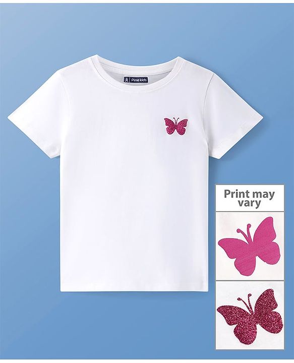 Pine Kids 100% Cotton Half Sleeves Round Neck T-Shirt Butterfly Print - Snow White