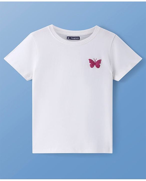 Pine Kids 100% Cotton Half Sleeves Round Neck T-Shirt Butterfly Print - Snow White