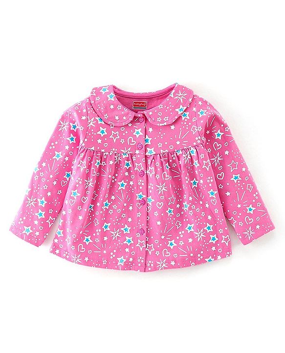 Babyhug 100% Cotton Knit Full Sleeves Night Suit With Star Print - Pink