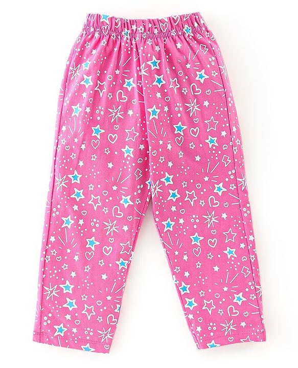 Babyhug 100% Cotton Knit Full Sleeves Night Suit With Star Print - Pink
