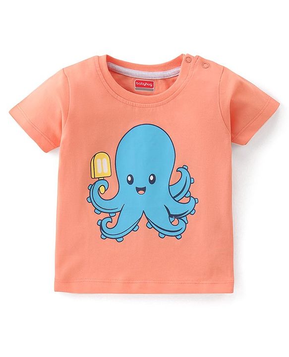 Babyhug 100% Cotton Half Sleeves T-Shirt With Octopus Graphics - Orange