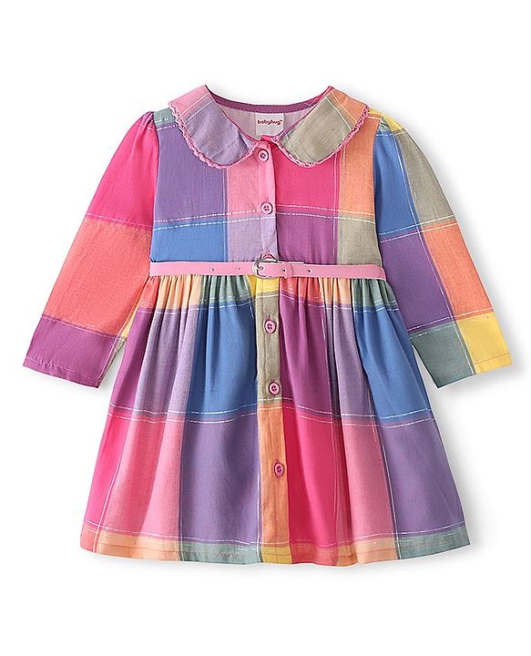 Babyhug Full Sleeves Dress Checkered - Orange & Pink