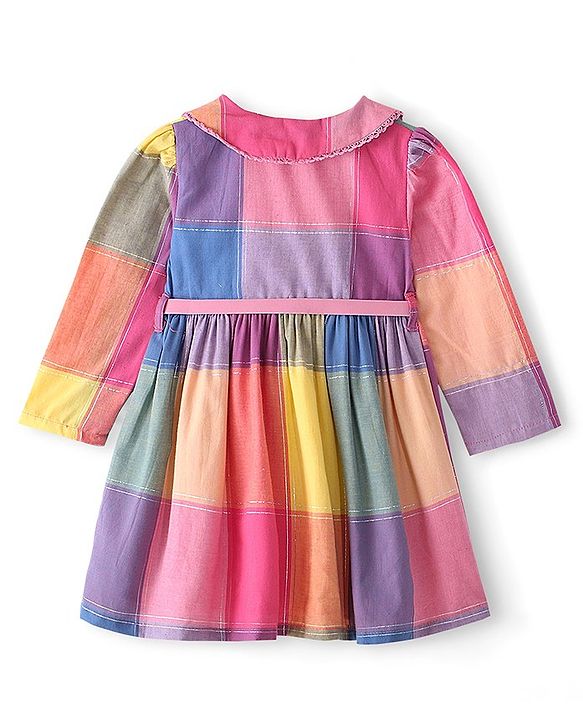 Babyhug Full Sleeves Dress Checkered - Orange & Pink