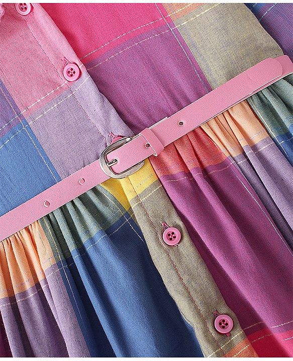 Babyhug Full Sleeves Dress Checkered - Orange & Pink