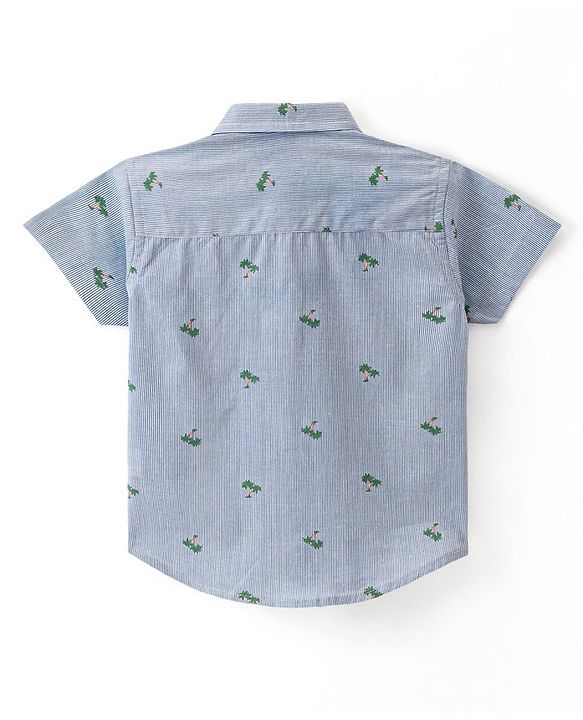 Babyhug 100% Cotton Woven Half Sleeves Regular Collar Striped Shirt Palm Tree Print - Blue