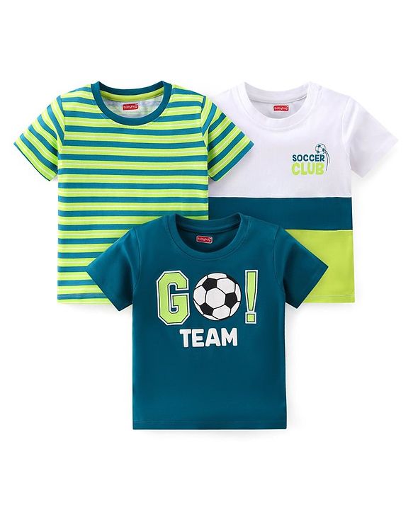Babyhug 100% Cotton Knit Half Sleeves T-Shirt Stripes & Soccer Ball Graphics Pack Of 3 - Multicolor
