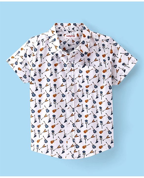 Babyhug 100% Cotton Woven Half Sleeves Guitar Print Shirt- White
