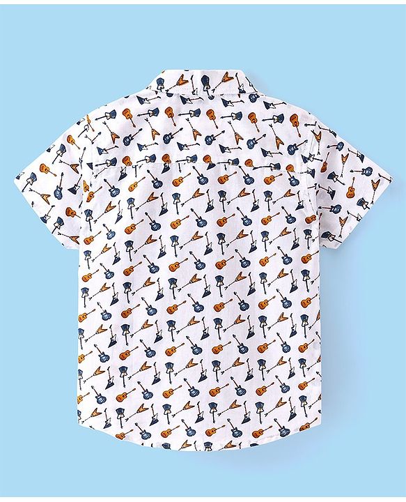 Babyhug 100% Cotton Woven Half Sleeves Guitar Print Shirt- White