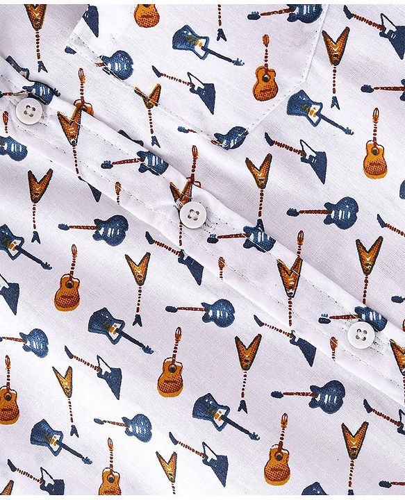 Babyhug 100% Cotton Woven Half Sleeves Guitar Print Shirt- White