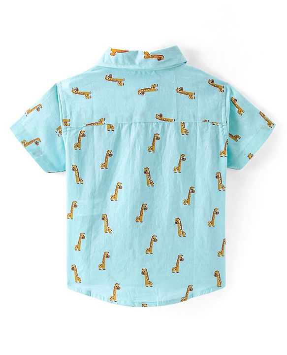 Babyhug 100% Cotton Woven Half Sleeves Regular Collar Shirt Giraffe  Print - Blue