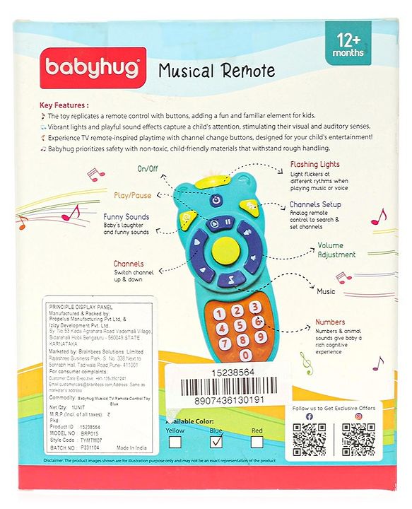 Babyhug Musical TV Remote Control Toy - Colour May Vary | Fun Sound & Light Toy for Kids | Encourages Sensory Development | Child-Safe & Non-Toxic | Ideal Gift for 3+ Months | BIS Certified