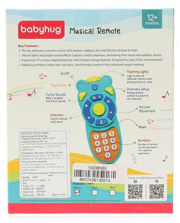Babyhug Musical TV Remote Control Toy - Colour May Vary | Fun Sound & Light Toy for Kids | Encourages Sensory Development | Child-Safe & Non-Toxic | Ideal Gift for 3+ Months | BIS Certified