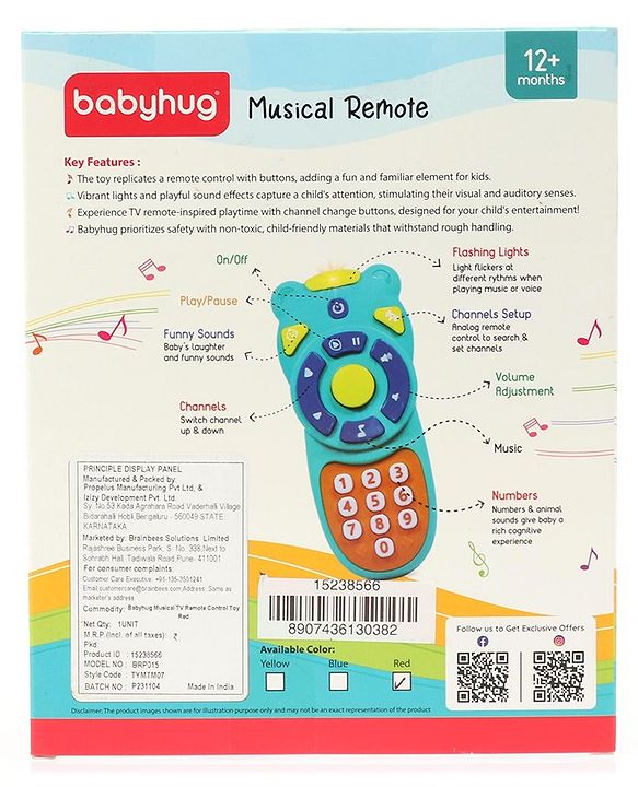 Babyhug Musical TV Remote Control Toy - Colour May Vary | Fun Sound & Light Toy for Kids | Encourages Sensory Development | Child-Safe & Non-Toxic | Ideal Gift for 3+ Months | BIS Certified