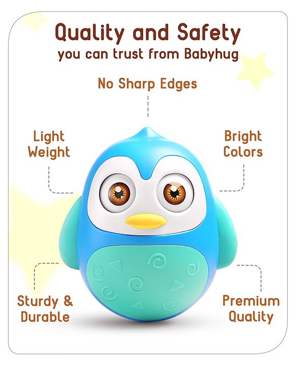Babyhug Penguin Musical Push and Shake Eye Blinking Blue Roly Poly| Wobbling Bell Sounds For 8 Months+| Child Safe Material| Gifting Toy| BIS Certified