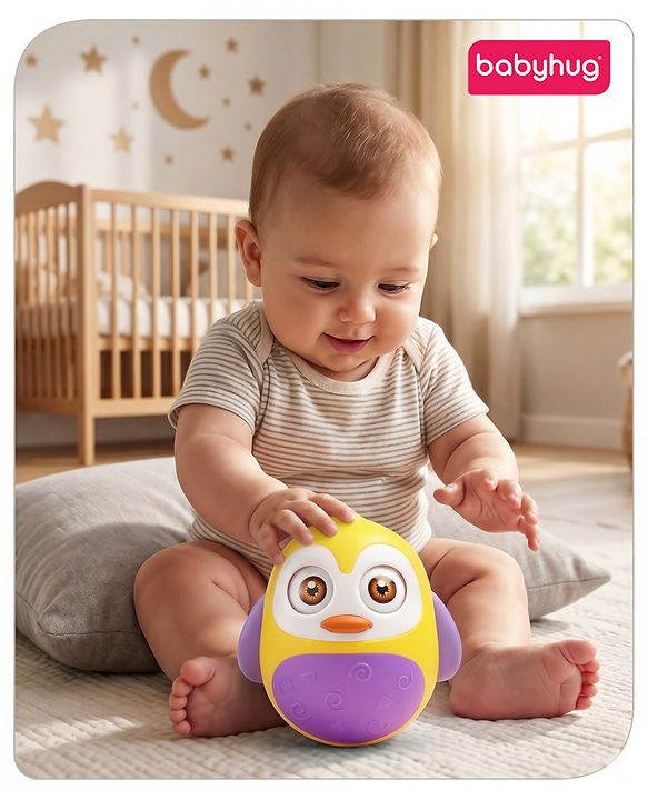 Babyhug Penguin Musical Push and Shake Eye Blinking Blue Roly Poly| Wobbling Bell Sounds For 8 Months+| Child Safe Material| Gifting Toy| BIS Certified