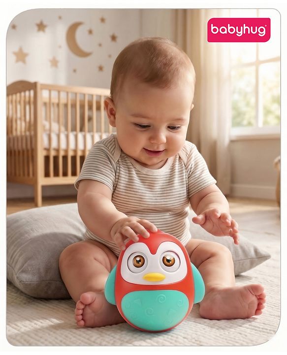 Babyhug Penguin Musical Push and Shake Eye Blinking Blue Roly Poly| Wobbling Bell Sounds For 8 Months+| Child Safe Material| Gifting Toy| BIS Certified
