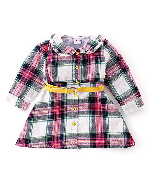Babyhug Cotton Full Sleeves Checks Frock with Belt & Leggings - Multicolor