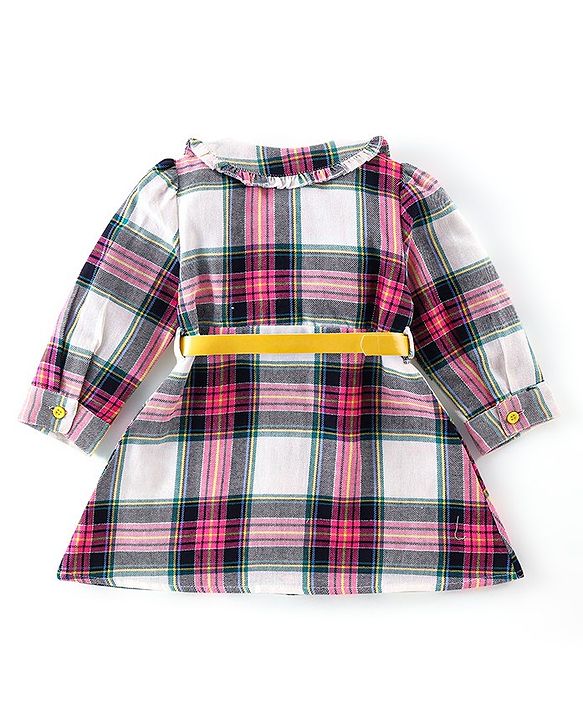 Babyhug Cotton Full Sleeves Checks Frock with Belt & Leggings - Multicolor